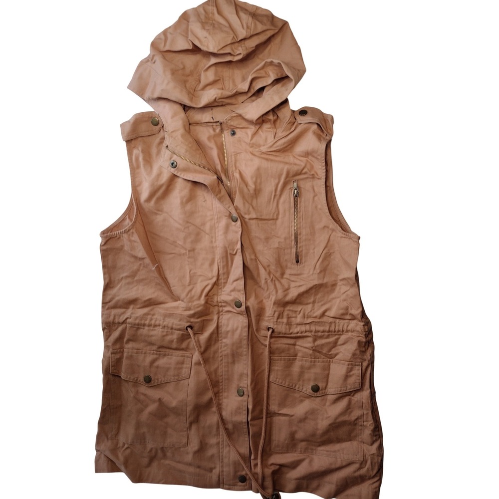 Zenana Outfitters Womens Tan Utility Vest Hooded Drawstring Waist Cotton M
